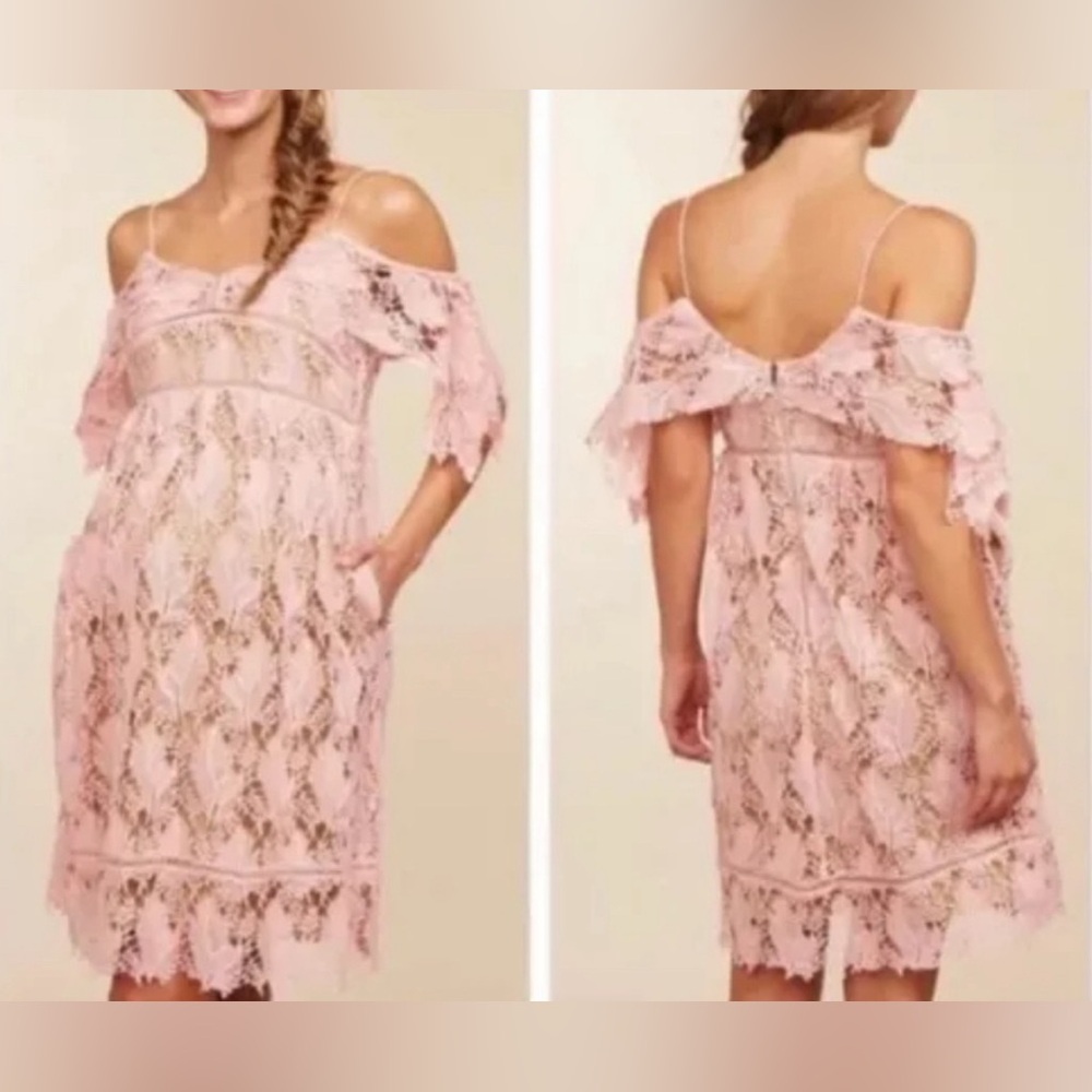 Motherhood Maternity Pink Lace Overlay Cold-Shoulder Long Dress Small